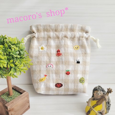 【手刺繍】お弁当のおかずたちが可愛い♪巾着袋☆コップ袋