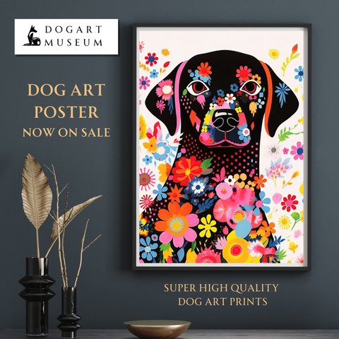 【花とラブラドールレトリバー犬の夢の世界 No.4】アートポスター 犬の絵 犬の絵画 犬のイラスト