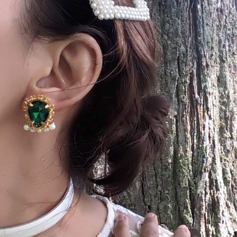 2way Bridal お呼ばれ Jewelry Bijou チタン ハンドメイド ピアス ゴールド メタル グリーン ビジュー オレンジ ラインストーン ゴールド ホワイト パール バックキャッチ 