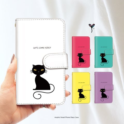 猫好き 可愛い 黒猫 手帳型 スマホケース iPhone全機種対応 androidスマホ ほぼ全機種対応 受注製作 お洒落カバー 携帯ケース 手帳型 animal_110a