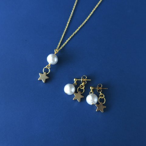 夕空の月と星のピアス＆ネックレスのセット