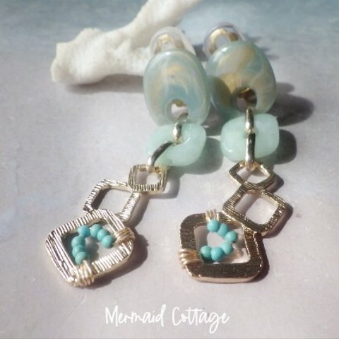 Ocean Square Seaside Earrings 　スクエアの連なる大ぶりイヤリング☆マーブルシー