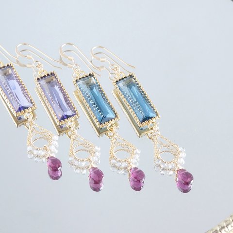 【14KGF】Rhodorite Garnet,Rectangle Glass Earrings