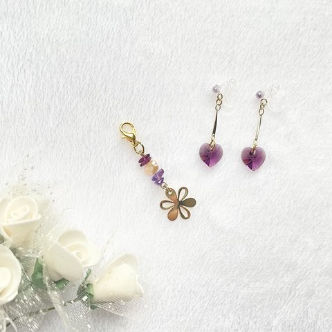 アクセサリー セット ♡ ハート イヤリング & お花 と 天然石 の マスクチャーム