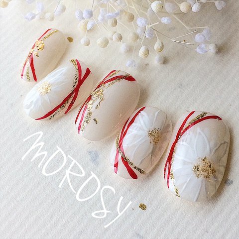 MOROSY44☆和装ネイル 白無垢ネイル 成人式 振袖 袴 白 赤 花 ネイルチップ ブライダル