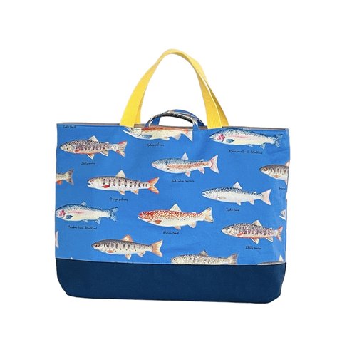 大きめサイズ　淡水魚レッスンバック　ブルー/11号帆布ブルー切替　35×45 ループからバッグ底35cm対応
