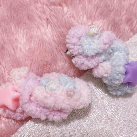 ゆめかわ ヘアピン かわいい ピンク むらさき ふわふわ もこもこ デコラ ユニコーンカラー ヘアクリップ ハンドメイド