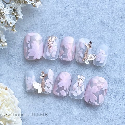 【桜と蝶のふんわりオーロラnail】nailhousejillme ネイルチップ さくら チョウチョ 成人式  ウェディング ブライダル ニュアンスネイル オーロラネイル　ピンク