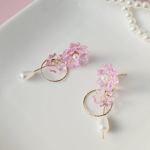 八重桜と雫パールのピアス