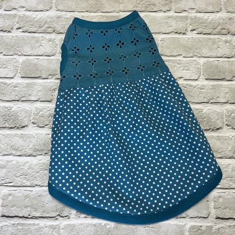 🎉sale  Turquoise blue  circle  lace&dotノースリーブワンピース　Ｓ