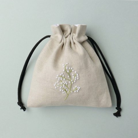 《名入れ》かすみ草＊リネンの手刺繍巾着ポーチ