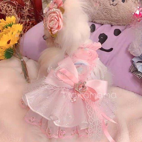 💐Princessdogdress💐ふんわりキュートな薔薇のドレス　犬服　猫服　前ボタン　撮影　記念日　ギフト