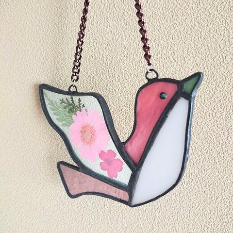 ステンドグラスハンドメイド 押し花の鳥さん No.1