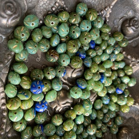 【20コセット】#czech beads#チェコビーズ　round tvar9✖️6㎜　green系mix assort /bronze