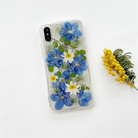 ❤デルフィニウム スマホリング 押し花ケース iPhone14/13Pro/11/SE2/XPERIA10II/GalaxyS22/AQUOS iPhoneケース スマホケース 