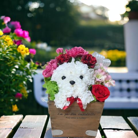 花の犬【花畑・レッド】プリザーブドフラワー 犬 動物 花 カーネーション 母の日 お祝い  誕生日 