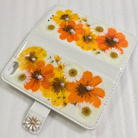 ✨黄花コスモスとノースポール✨押し花ベルト無し手帳型iPhone 11 ケース
