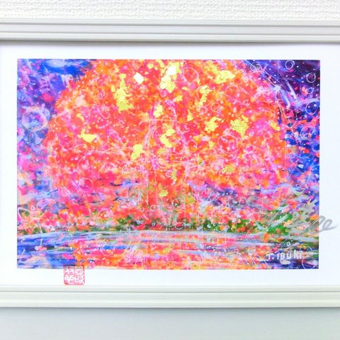 「桜咲く」 純金箔付 サイン入りプリント Ａ4額 パワーアート