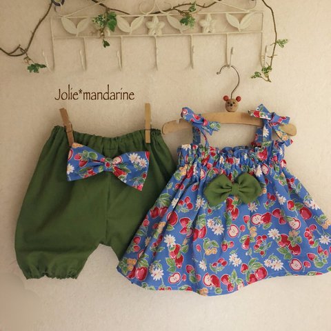 かわいいベビー服♪4wayチュニックキャミソール&スカートとリボン付きかぼちゃパンツセット（フルーツ柄ブルー）