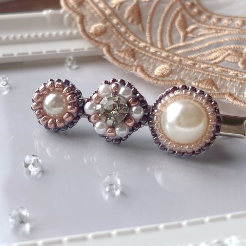 ビーズ刺繍 ヘアクリップ ヘアピン パール 