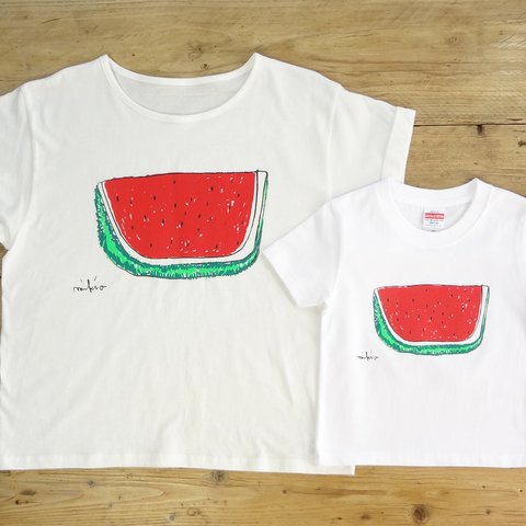 ママとお揃いコーデ2枚セット☆彡 すいか ゆるふわレディース＆キッズベビーTシャツ ☆お得なセット割引☆