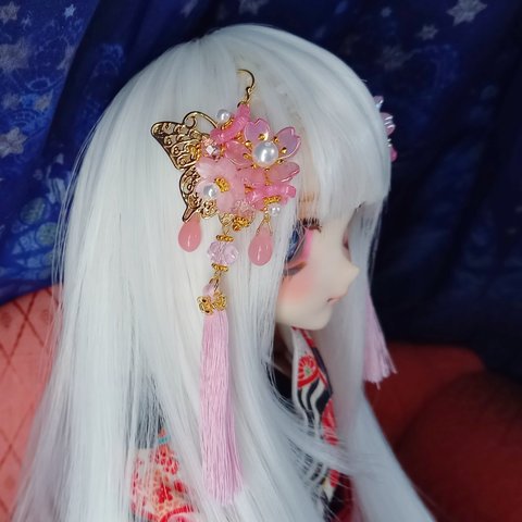 ♡ 髪飾り桜蝶 桜色 ♡1/4～1/3ドール向けサイズ ※ドール用アクセ