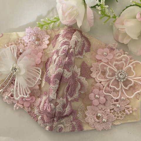 ✾不織布マスクが見えるカバー薔薇花刺繍チュールフラワーケミカルフラワー抗菌クレンゼ