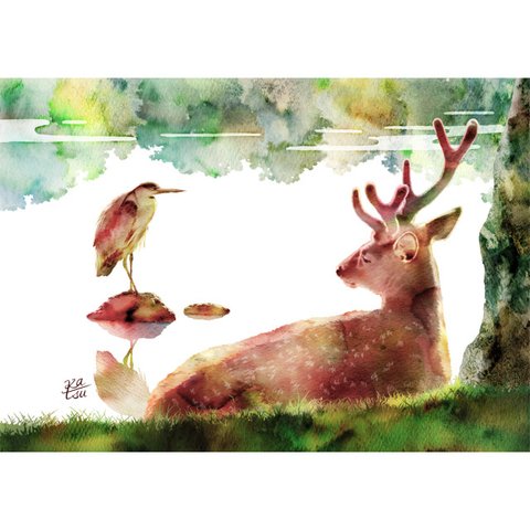 「奈良公園にて」　鹿　アオサギ　池　イラスト