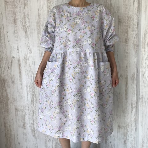 【SALE☆30%OFF】綿ローンリップル地　花柄　ゆったり　ワンピースor割烹着