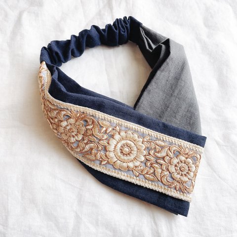 インド刺繍リボンのクロスターバン（片側）　　ヘアバンド　ターバン