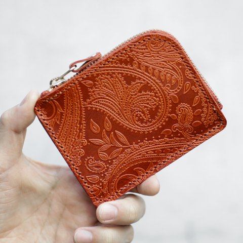 永久保証 栃木レザー ペイズリー 薄型 極小 L字ファスナー コンパクト ウォレット FARIA オレンジ 財布