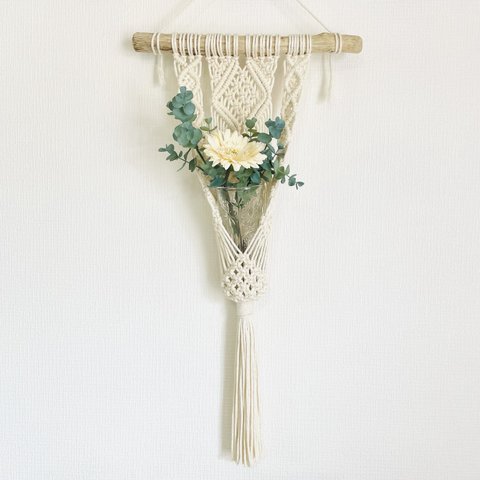 天然流木使用　マクラメ編み壁掛けタペストリー風花瓶ホルダー