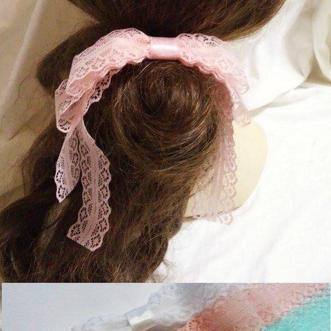 涼し気大人可愛い　レースロングリボン　ヘアゴム