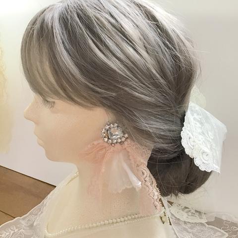 【一点もの♡チェコヴィンテージ】イヤリング　レース　水色　リボン　ピンク　結婚式　ウエディング　ブライダル　結婚式327