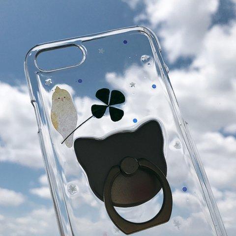 小鳥と四つ葉のスマホケース スマホリング付き 猫 インコ シンプル iPhoneケース iPhone7 iPhone8