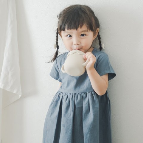 《80〜130cmオーダー可》フレンチスリーブ スモークブルーのナチュラルワンピース 女の子 おしゃれ かわいい 大人っぽい 子供服 半袖 無地