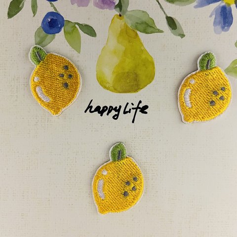 3枚入　レモン果物刺繍アイロンワッペン　シールタイプ