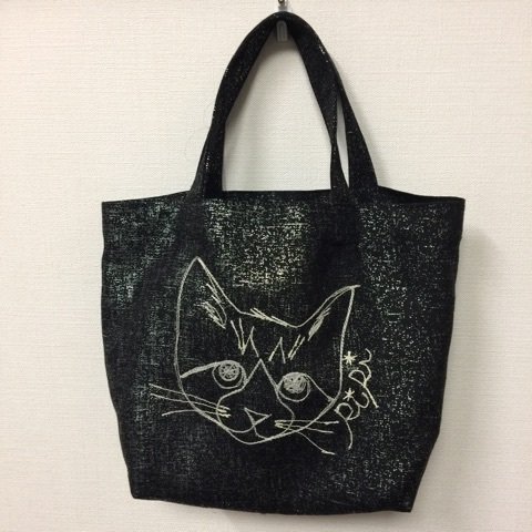 MY猫刺繍　シルバーキラキラトートバッグS