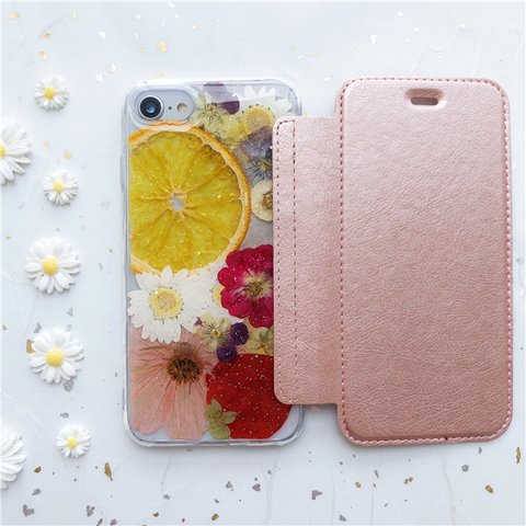 果物 押し花 選べる5色 手帳型スマホケース iPhoneケース iPhone14Pro/13Pro/12Pro/SE/11Pro/XR/XS/8/7