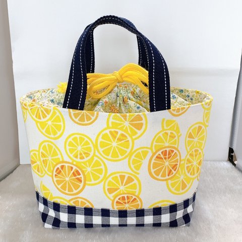 生成り生地のレモン柄巾着バッグ🍋💙