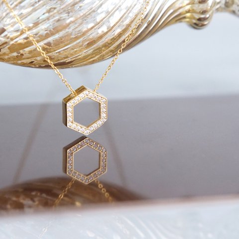 【14KGF】Necklace, CZ Hexagon-Crystal-