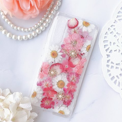 ピンク押し花とノースポールのスマホケース♡Xperia GALAXY Android Google pixel Moto oppo