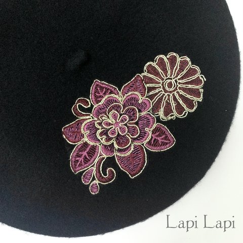 【再販】一点物 花の刺繍 ベレー帽 レッド