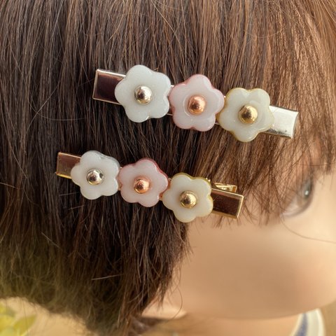 【ミラーフラワー３色ヘアピン】/レジン/お花/ヘアアクセサリー/ゴールド/シルバー/ピンクゴールド/ハンドメイド