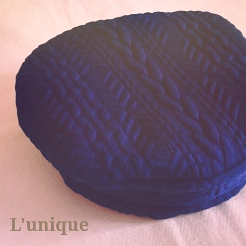 アラン編み風ニットファーリバーシブルベレー帽(ブルー)