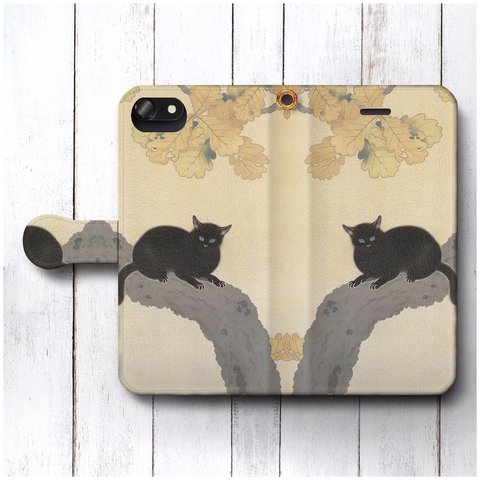 【菱田春草 黒き猫図 筆】スマホケース手帳型 全機種対応 絵画 名画 人気 プレゼント かわいい iPhoneXR