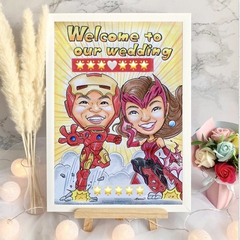 似顔絵オーダー　結婚式　ウェルカムボード　ウェディング　コスプレ　受付装飾アイテム　ウェルカムスペース　イラスト　両親贈呈品　プレゼント　結婚祝い　