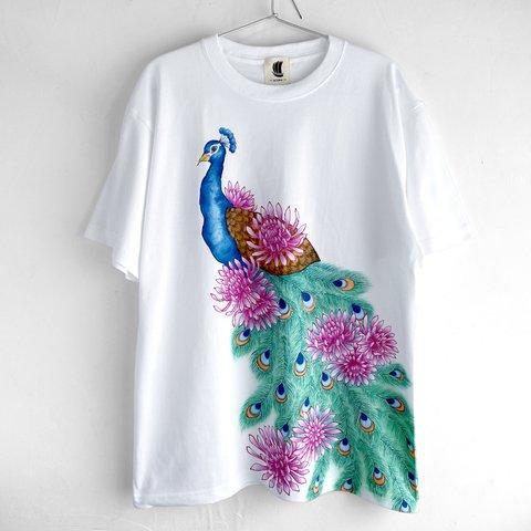 孔雀とクジャクサボテンの花柄手描きTシャツ　ホワイト　オーダー