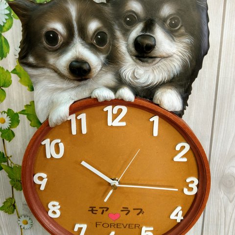 ワンちゃん時計(2匹) 3D リアル 立体 オーダー ペット 時計 オーダーメイド 似顔絵 愛犬  壁掛時計 わいい時計 似顔絵時計 立体時計 手作り時計 送料無料 プレゼント 