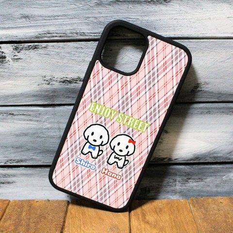 iPhoneケース 【シロとハナ】ピンクチェック　犬　イラスト　ic12-004
